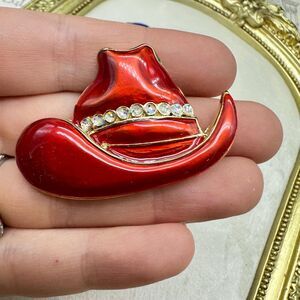 Red Cowboy Cowgirl Hat Brooch pin 18k gold finished